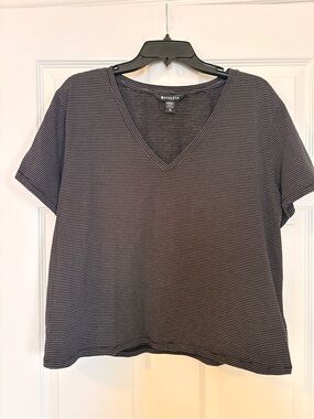 Athleta Black & White Narrow Stripe V-Neck Tee
